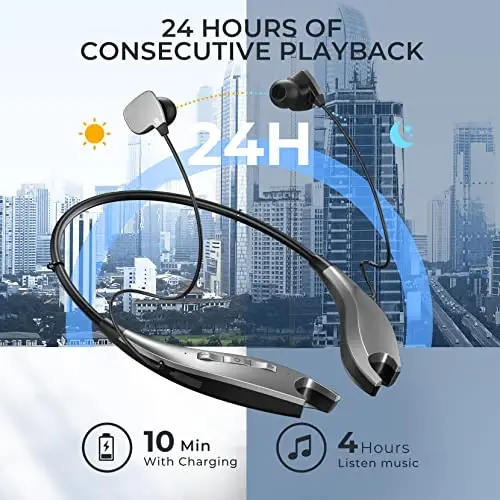 YOSDOM Neckband Bluetooth Headphones, Around The Neck Headphones 24H+ Playtime, Bluetooth Headsets with Call Vibration, Shark Jaw Design Wireless Earbuds+Noise Isolation/Mic/IPX7 Waterproof, Silver - 3