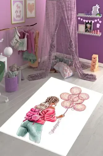 Young Girl Balloon Patterned Floral Carpet Digital Printing Washable Non-Slip Base Girl Child Room Carpet-Colorful - 1