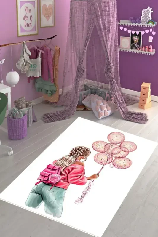Young Girl Balloon Patterned Floral Carpet Digital Printing Washable Non-Slip Base Girl Child Room Carpet-Colorful - 1