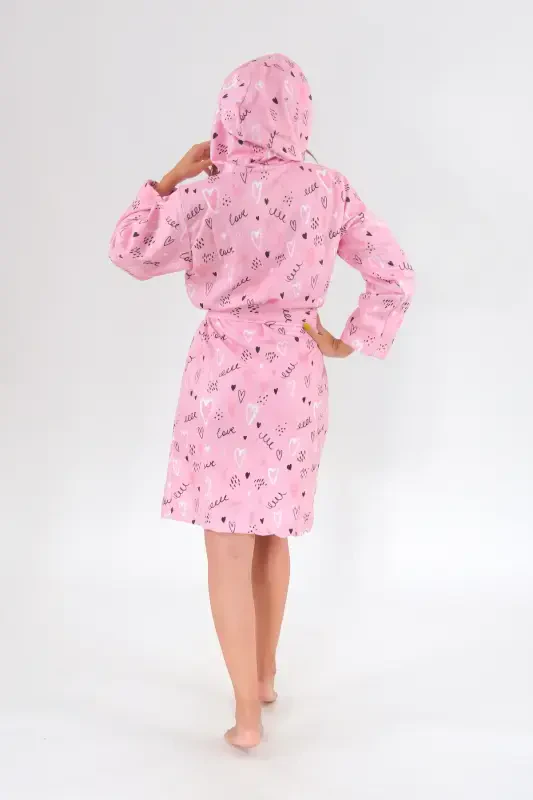 Young Girl Hooded Printed Bathrobe-Pink - 3