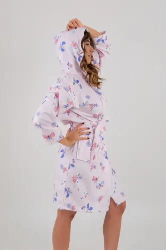 Young Girl Hooded Printed Bathrobe-Pink - 6