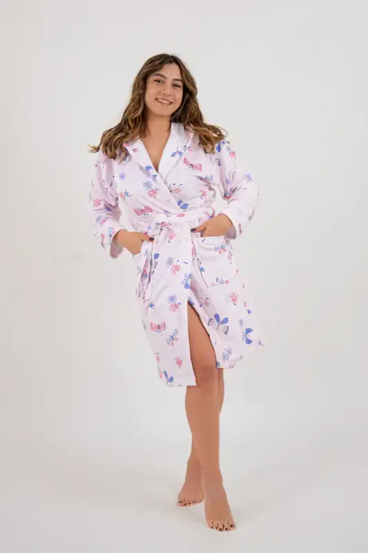 Young Girl Hooded Printed Bathrobe-Pink - 1