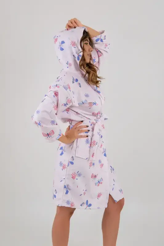 Young Girl Hooded Printed Bathrobe-Pink - 2