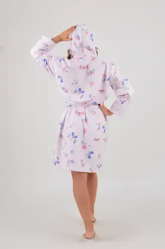 Young Girl Hooded Printed Bathrobe-Pink - 3