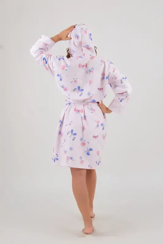 Young Girl Hooded Printed Bathrobe-Pink - 3