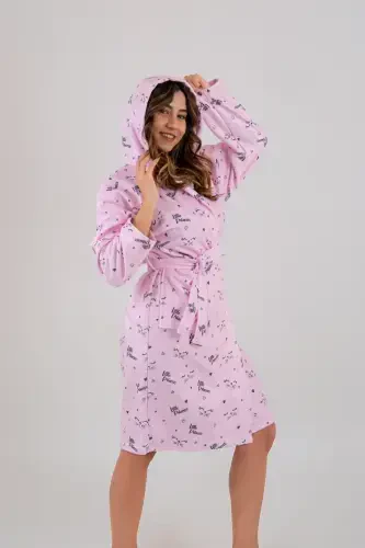 Young Girl Hooded Printed Bathrobe-Pink - 2