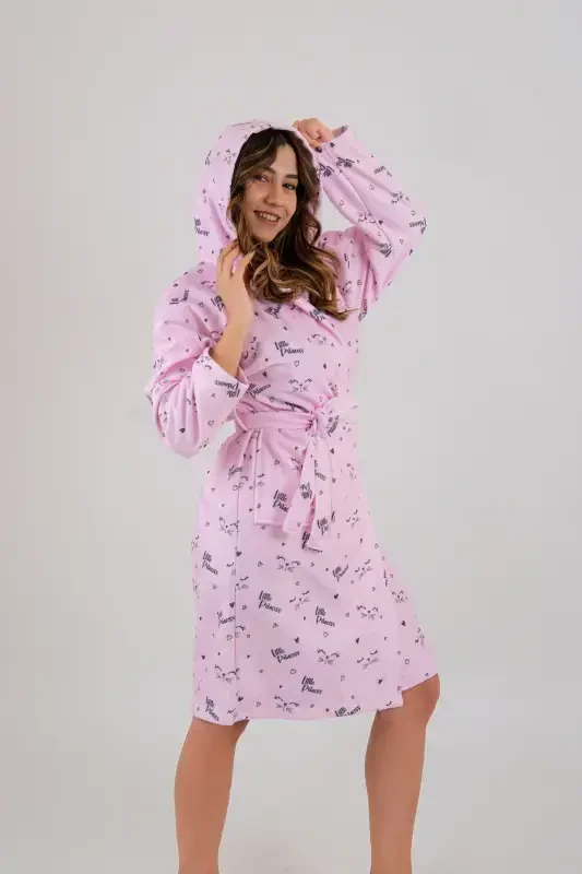 Young Girl Hooded Printed Bathrobe-Pink - 2