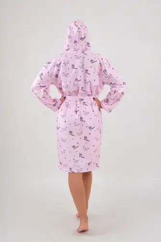Young Girl Hooded Printed Bathrobe-Pink - 3