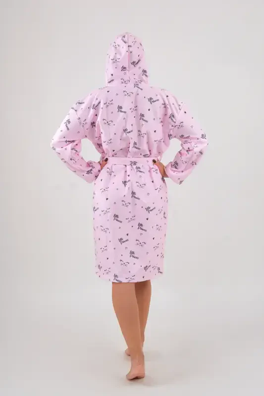 Young Girl Hooded Printed Bathrobe-Pink - 3