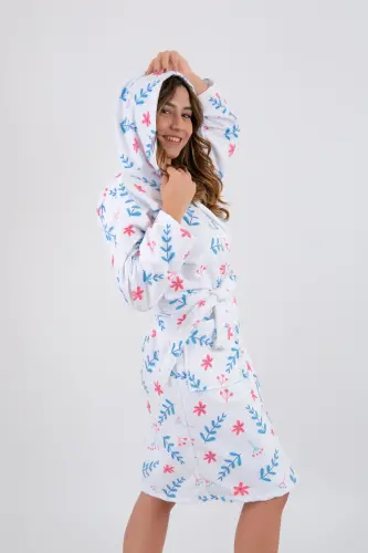 Young Girl Hooded Printed Bathrobe-White - 3