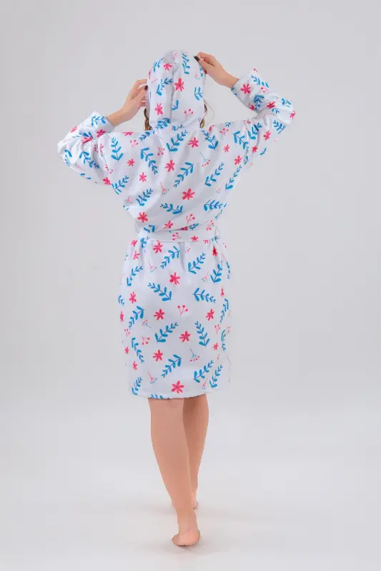 Young Girl Hooded Printed Bathrobe-White - 4