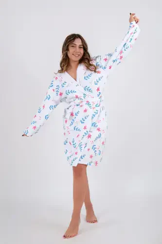 Young Girl Hooded Printed Bathrobe-White - 1