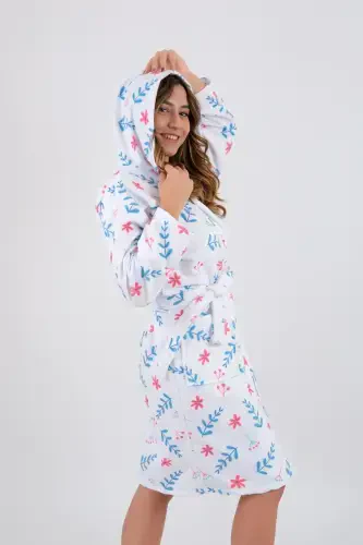 Young Girl Hooded Printed Bathrobe-White - 2