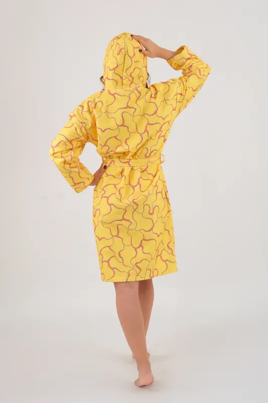 Young Girl Hooded Printed Bathrobe-Yellow - 7