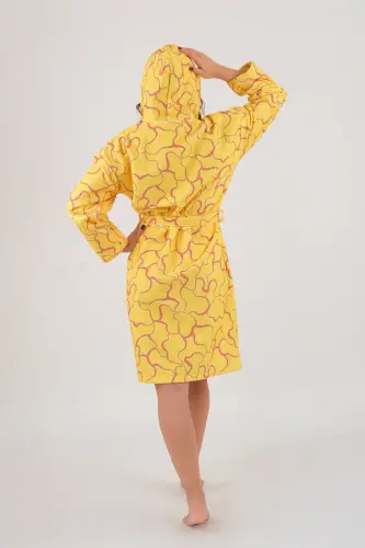 Young Girl Hooded Printed Bathrobe-Yellow - 4