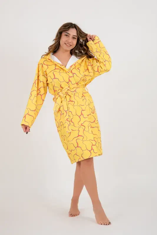 Young Girl Hooded Printed Bathrobe-Yellow - 1