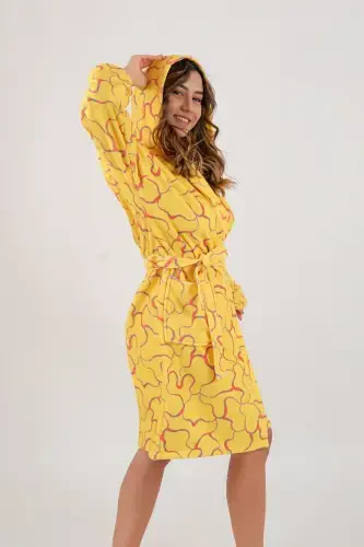 Young Girl Hooded Printed Bathrobe-Yellow - 2