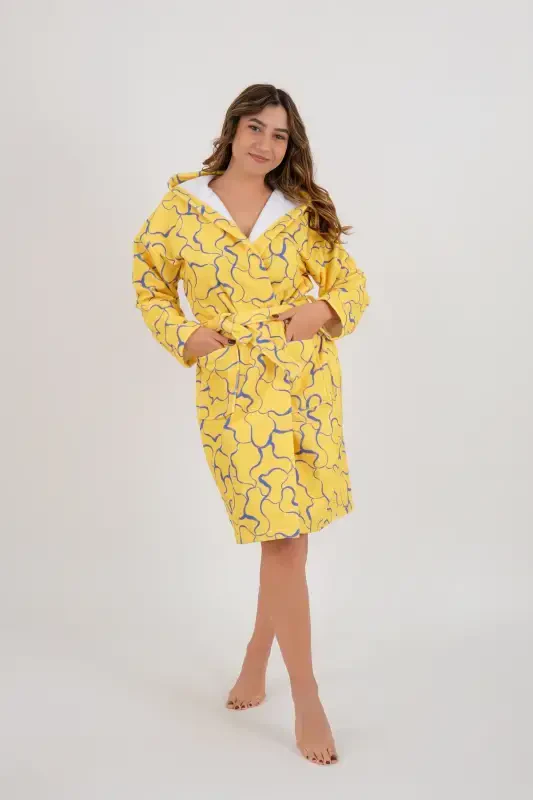 Young Girl Hooded Printed Bathrobe-Yellow - DOTAMESS