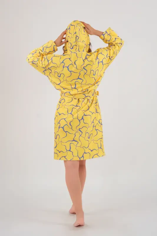 Young Girl Hooded Printed Bathrobe-Yellow - 2