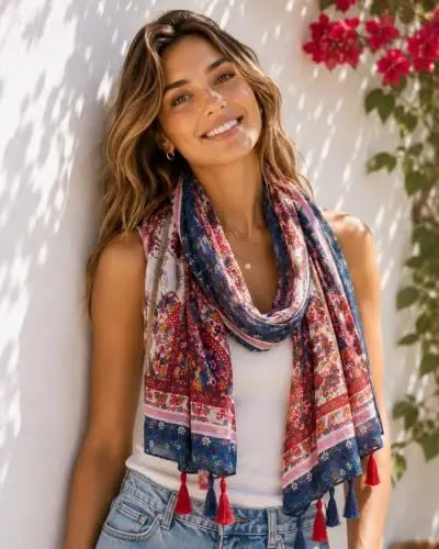 YOUR SMILE Large Boho Scarf for Women Lightweight Floral Printed Scarves Fall Winter Fashion Fringed Shawl wraps - YOUR (1)
