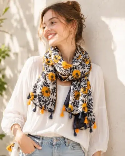 YOUR SMILE Large Boho Scarf for Women Lightweight Floral Printed Scarves Fall Winter Fashion Fringed Shawl wraps - 2