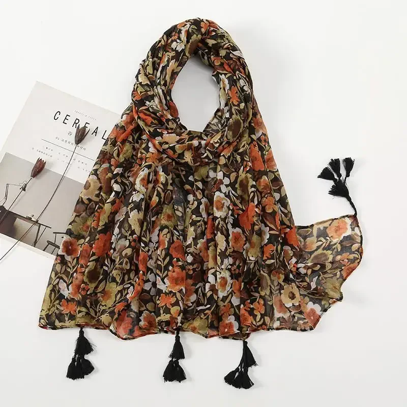 YOUR SMILE Large Boho Scarf for Women Lightweight Floral Printed Scarves Fall Winter Fashion Fringed Shawl wraps - 4