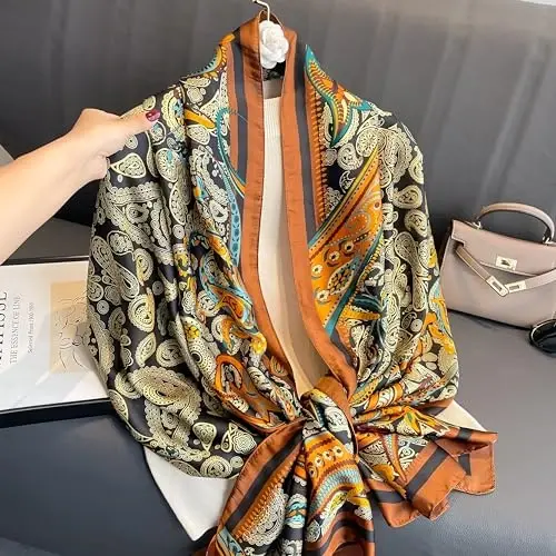 Your smile Large Mulberry Silk Feeling Long Stain Scarf Lightweight Sunscreen Shawls Wraps for Women - 6