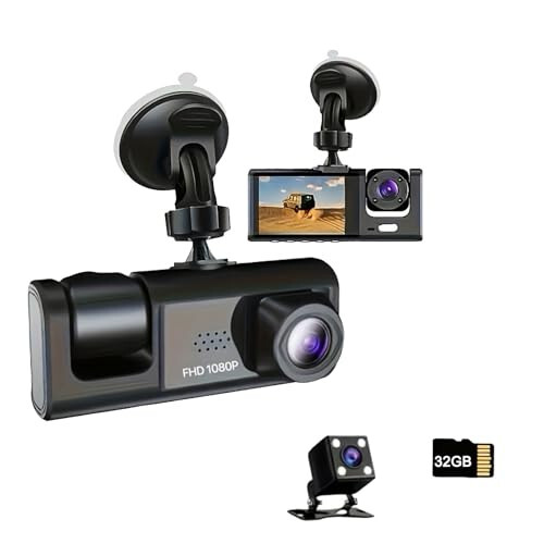 YOVDA 1080P Triple Camera Dash Cam for Cars, Driving Recorder with IR Night Vision, Front & Rear and Inside Camera, Loop Recording, Car DVR Black- Box with 5.08 cm IPS Screen (3 Channels) - 5