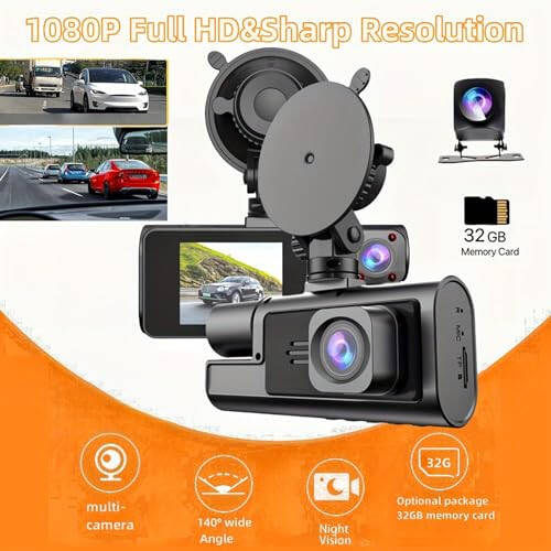 YOVDA 1080P Triple Camera Dash Cam for Cars, Driving Recorder with IR Night Vision, Front & Rear and Inside Camera, Loop Recording, Car DVR Black- Box with 5.08 cm IPS Screen (3 Channels) - 6