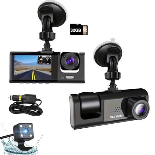 YOVDA 1080P Üçlü Kamera Araba Dash Cam, IR Gece Görüşlü Sürüş Kaydedici, Ön & Arka ve İç Kamera, Döngü Kaydı, 5.08 cm IPS Ekranlı Araba DVR Siyah Kutu (3 Kanal) - 1