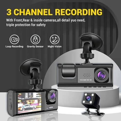 YOVDA 1080P Üçlü Kamera Araba Dash Cam, IR Gece Görüşlü Sürüş Kaydedici, Ön & Arka ve İç Kamera, Döngü Kaydı, 5.08 cm IPS Ekranlı Araba DVR Siyah Kutu (3 Kanal) - 2