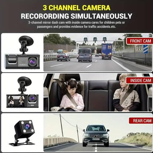 YOVDA 1080P Üçlü Kamera Araba Dash Cam, IR Gece Görüşlü Sürüş Kaydedici, Ön & Arka ve İç Kamera, Döngü Kaydı, 5.08 cm IPS Ekranlı Araba DVR Siyah Kutu (3 Kanal) - 3