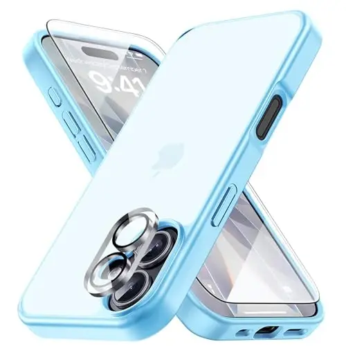 Yriklso 3 in 1 для iPhone 17 Чехол для телефона, 1X Защитная пленка для экрана + 1X Объектив камеры, Ударопрочный для чехла iPhone 17, Защита от падений военного класса, Защитная жесткая задняя тонкая полупрозрачная крышка, Синий 