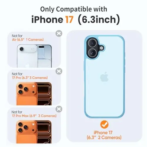 Yriklso 3 in 1 для iPhone 17 Чехол для телефона, 1X Защитная пленка для экрана + 1X Объектив камеры, Ударопрочный для чехла iPhone 17, Защита от падений военного класса, Защитная жесткая задняя тонкая полупрозрачная крышка, Синий - 2