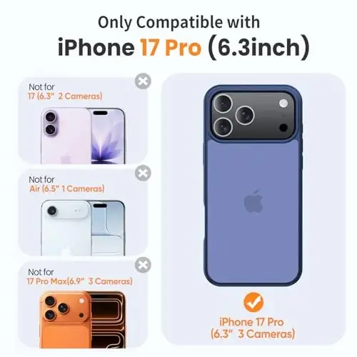 Yriklso 3 in 1 для iPhone 17 Pro Чехол для телефона, 1 защитная пленка + 1 объектив камеры, противоударный для iPhone 17 Pro, защита от падения военного класса, защитная жесткая задняя тонкая полупрозрачная крышка, темно-синий - 2