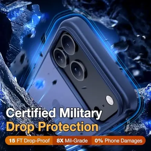 Yriklso 3 in 1 для iPhone 17 Pro Чехол для телефона, 1 защитная пленка + 1 объектив камеры, противоударный для iPhone 17 Pro, защита от падения военного класса, защитная жесткая задняя тонкая полупрозрачная крышка, темно-синий - 4
