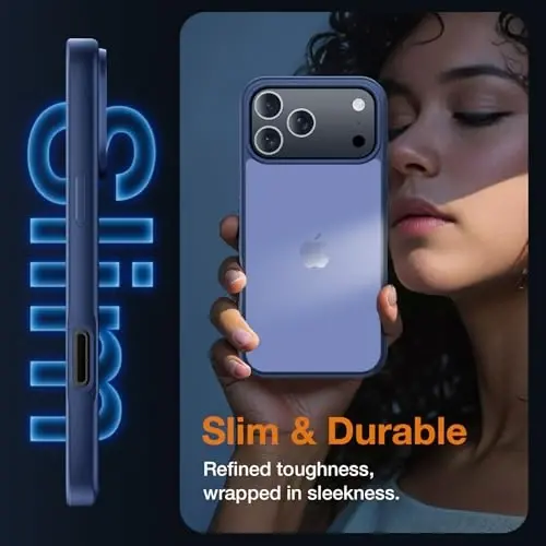 Yriklso 3 in 1 для iPhone 17 Pro Чехол для телефона, 1 защитная пленка + 1 объектив камеры, противоударный для iPhone 17 Pro, защита от падения военного класса, защитная жесткая задняя тонкая полупрозрачная крышка, темно-синий - 5