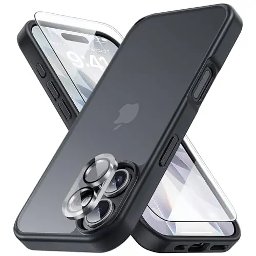 Yriklso 3 in 1 for iPhone 17 Phone Case,1X Screen Protector +1X Camera Lens,Shockproof for iPhone 17 Case, Military Grade Drop Protection, Protective Hard Back Slim Translucent Cover, Black 