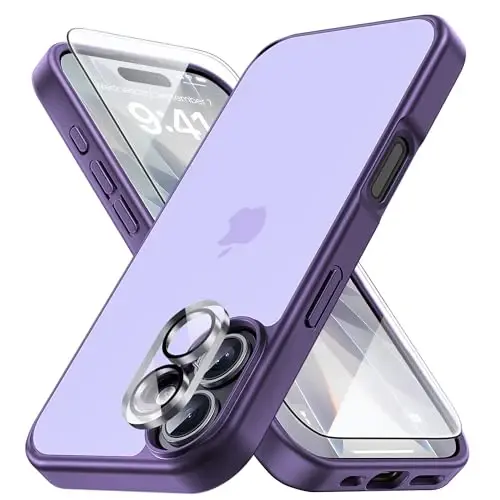 Yriklso 3 in 1 for iPhone 17 Phone Case,1X Screen Protector +1X Camera Lens,Shockproof for iPhone 17 Case, Military Grade Drop Protection, Protective Hard Back Slim Translucent Cover, Frosted Purple - YRIKLSO