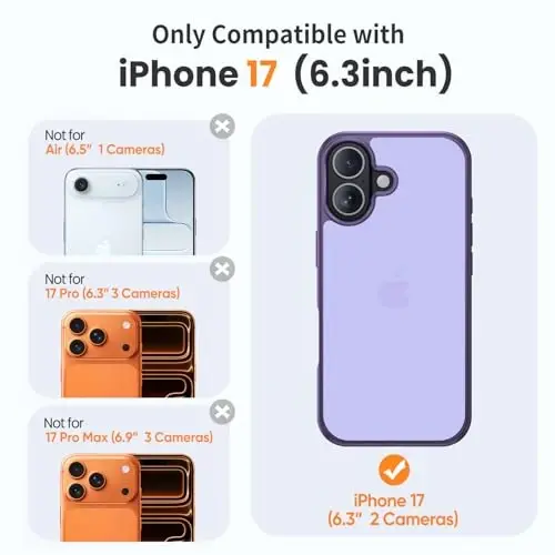 Yriklso 3 in 1 for iPhone 17 Phone Case,1X Screen Protector +1X Camera Lens,Shockproof for iPhone 17 Case, Military Grade Drop Protection, Protective Hard Back Slim Translucent Cover, Frosted Purple - 2