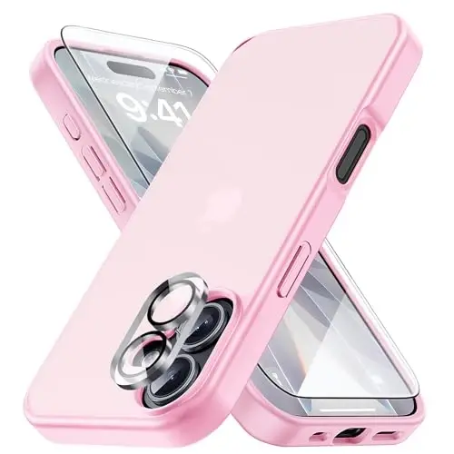 Yriklso 3 in 1 for iPhone 17 Phone Case,1X Screen Protector +1X Camera Lens,Shockproof for iPhone 17 Case, Military Grade Drop Protection, Protective Hard Back Slim Translucent Cover, Pink - YRIKLSO