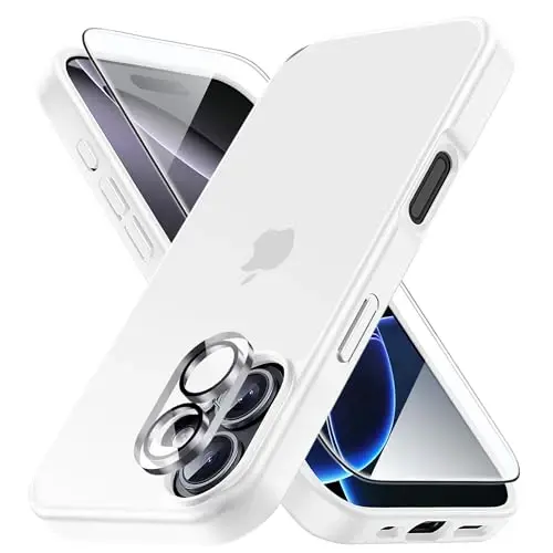 Yriklso 3 in 1 for iPhone 17 Phone Case,1X Screen Protector +1X Camera Lens,Shockproof for iPhone 17 Case, Military Grade Drop Protection, Protective Hard Back Slim Translucent Cover, White - YRIKLSO