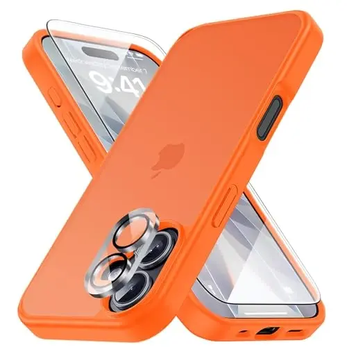Yriklso 3 in 1 for iPhone 17 Phone Case,1X Screen Protector +1X Camera Lens,Shockproof for iPhone 17 Case, Military Grade Drop Protection, Protective Hard Back Slim Translucent Cover,Orange - 1