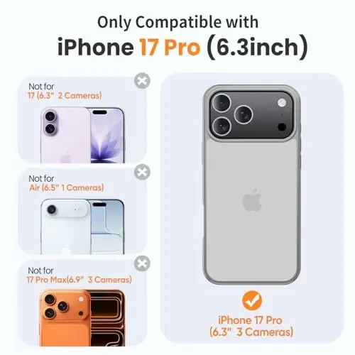 Yriklso 3 in 1 for iPhone 17 Pro Phone Case,1X Screen Protector +1X Camera Lens,Shockproof for iPhone 17 Pro Case, Military Grade Drop Protection, Protective Hard Back Slim Translucent Cover, Grey - 2