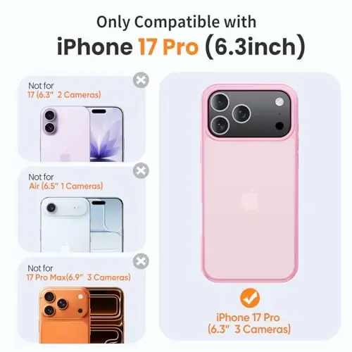 Yriklso 3 in 1 for iPhone 17 Pro Phone Case,1X Screen Protector +1X Camera Lens,Shockproof for iPhone 17 Pro Case, Military Grade Drop Protection, Protective Hard Back Slim Translucent Cover, Pink - YRIKLSO (1)