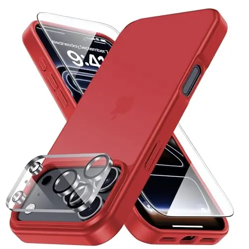 Yriklso 3 in 1 for iPhone 17 Pro Phone Case,1X Screen Protector +1X Camera Lens,Shockproof for iPhone 17 Pro Case, Military Grade Drop Protection, Protective Hard Back Slim Translucent Cover, Red 