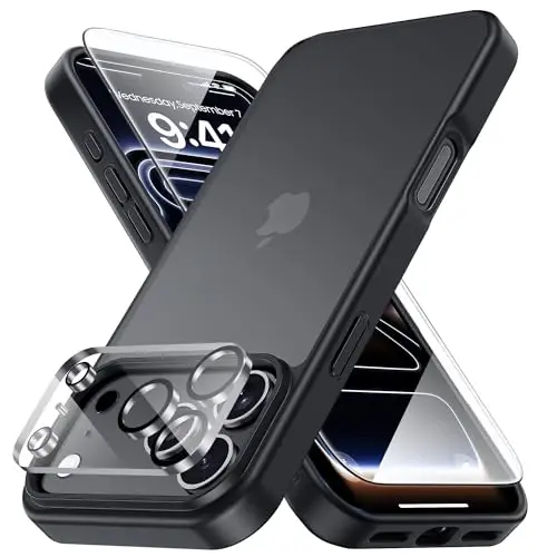 Yriklso 3 in 1 for iPhone 17 Pro Phone Case,1X Screen Protector +1X Camera Lens,Shockproof for iPhone 17 Pro Case, Military Grade Drop Protection, Protective Hard Back Slim Translucent Cover,Black 