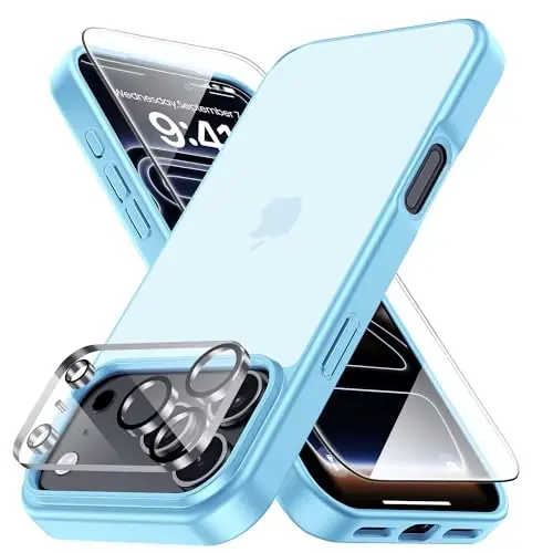 Yriklso 3 in 1 for iPhone 17 Pro Phone Case,1X Screen Protector +1X Camera Lens,Shockproof for iPhone 17 Pro Case, Military Grade Drop Protection, Protective Hard Back Slim Translucent Cover,Blue 