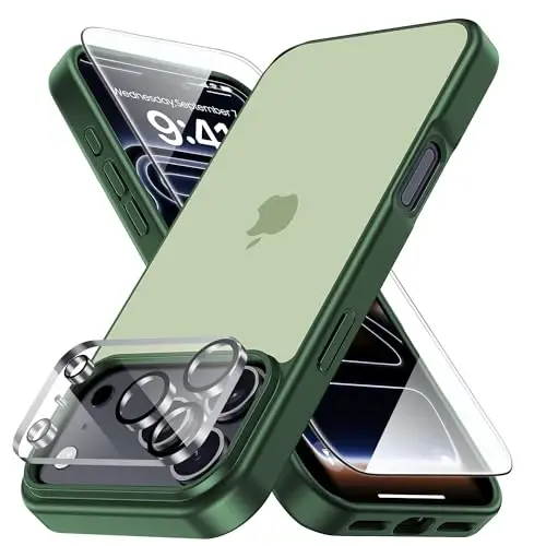 Yriklso 3 in 1 for iPhone 17 Pro Phone Case,1X Screen Protector +1X Camera Lens,Shockproof for iPhone 17 Pro Case, Military Grade Drop Protection, Protective Hard Back Slim Translucent Cover,Green 