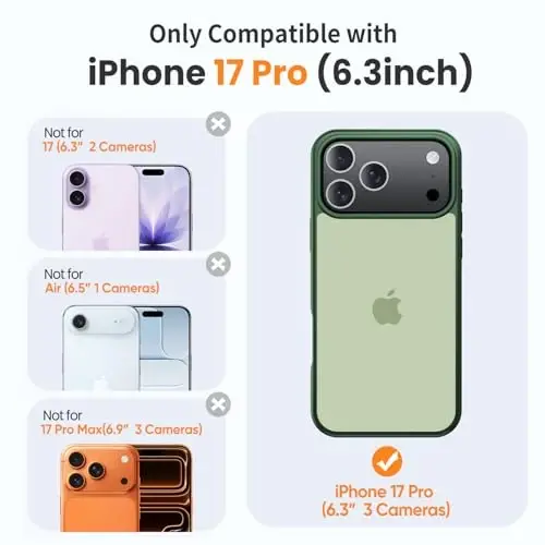 Yriklso 3 in 1 for iPhone 17 Pro Phone Case,1X Screen Protector +1X Camera Lens,Shockproof for iPhone 17 Pro Case, Military Grade Drop Protection, Protective Hard Back Slim Translucent Cover,Green - YRIKLSO (1)